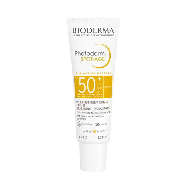 ژل ضد آفتاب بدون رنگ بایودرما +SPF50 مدل Photoderm Spot-Age محافظ UVA ،UVB و PA++++، ضد لک، ضد پیری، ضد آب، مناسب انواع پوست حجم 40 میلی‌لیتر