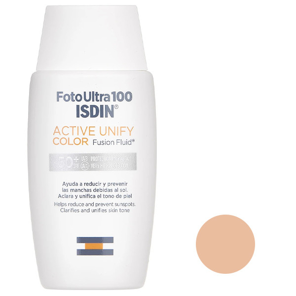 فلوئید ضد آفتاب رنگی ایزدین SPF50 مدل ACTIVE UNIFY محافظ UVA ،UVB، ضد آب، مناسب انواع پوست حجم 50 میلی‌لیتر