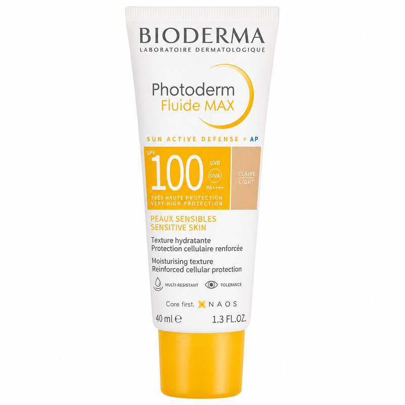 فلوئید ضد آفتاب رنگی دست، صورت بایودرما SPF 100 مدل Photoderm Fluide MAX محافظ در برابر اشعه UVA و UVB ‌مناسب برای پوست حساس حجم 40 میلی‌لیتر