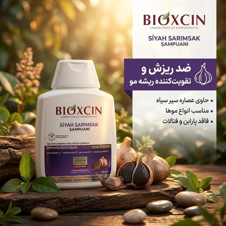 شامپو ضد ریزش مو بیوکسین مدل سیر سیاه حجم 300 میلیلیتر، تقویتکننده ریشه مو، حاوی آنتیاکسیدان و ویتامین، مناسب انواع موها، فاقد پارابن و فتالات